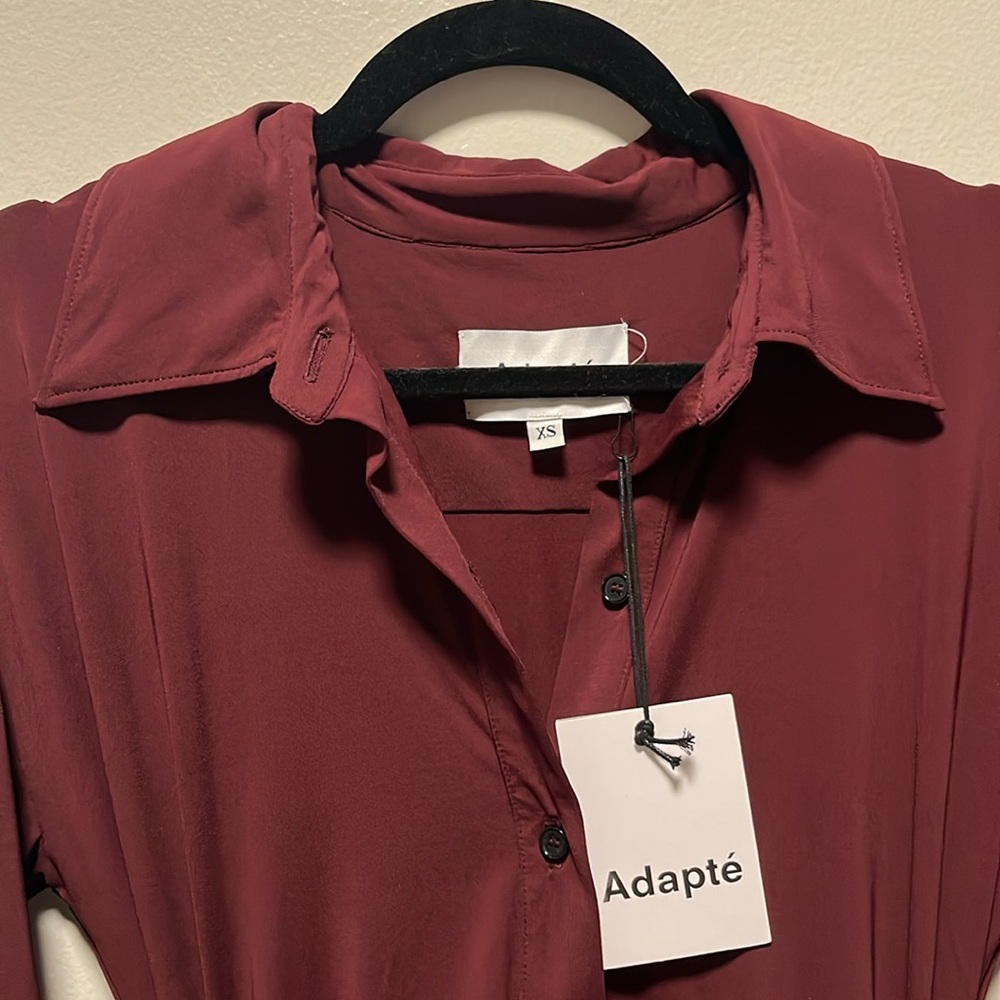 ADAPTE (NWT) Jamie Button Up Long Sleeve Mini Dress, Burgundy, Size XS - Picture 8 of 13